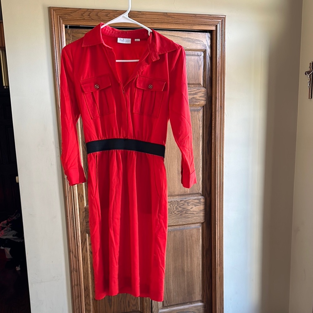 New York & Company Vibrant Red Button-Up Dress